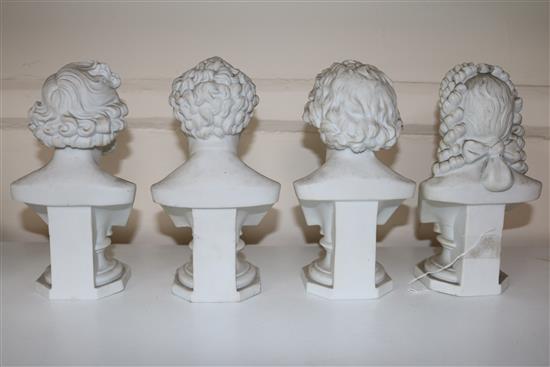 Four Continental biscuit porcelain busts of Bach, Beethoven, Mendelssohn and Schubert, height 19cm